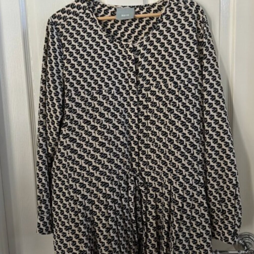 Maeve Anthropologie Bird Print Blouse Black Cream Tunic Button Front Pleated - Picture 4 of 7